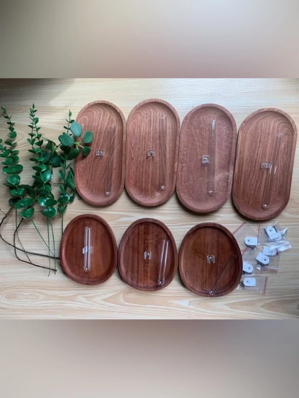 7-Piece Wooden Oval Wall Vase Set with Glass Tubes – Brown
